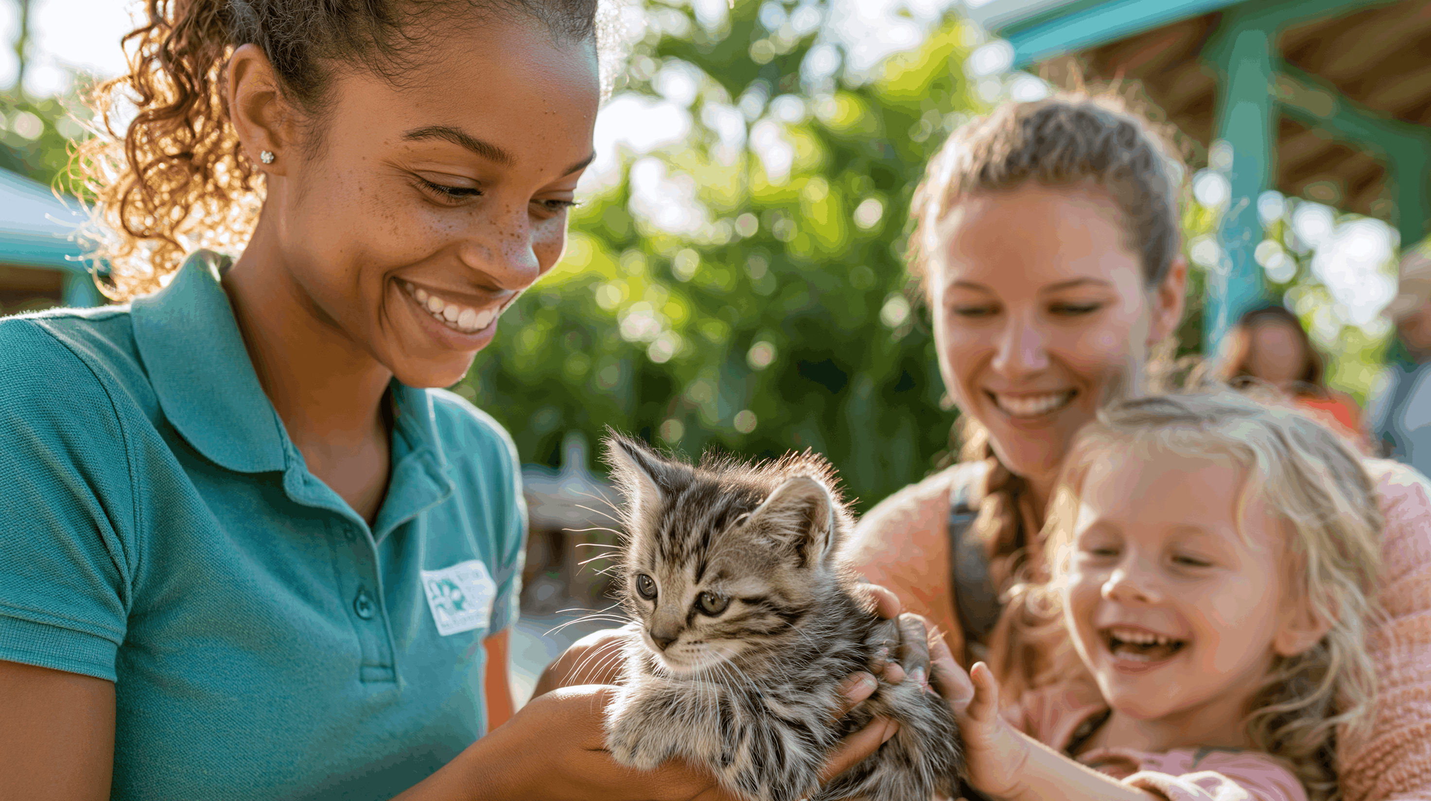 An HSSTT staff member handing a rescued kitten to a delighted family at the shelter